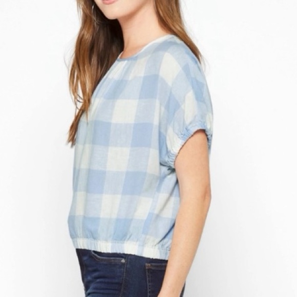 Madewell Michele Bubble Top Blue White Checkered Linen Blend Small NWOT